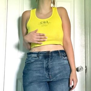 yellow ribbed angel designed crop tank